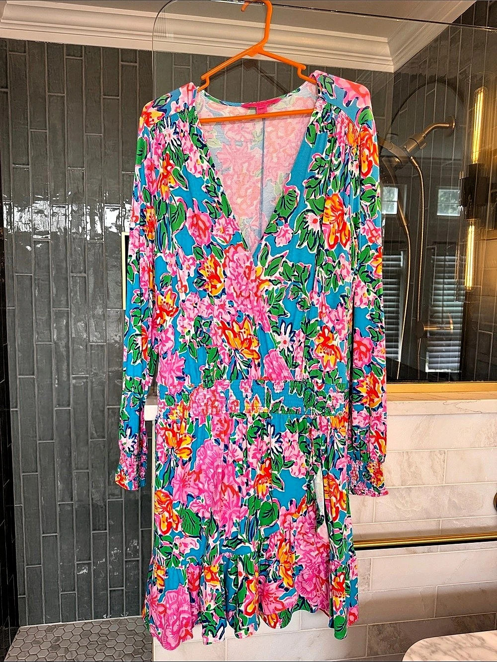 Lilly Pulitzer Preslie Long Sleeve Romper Floral Blue & Pink Large